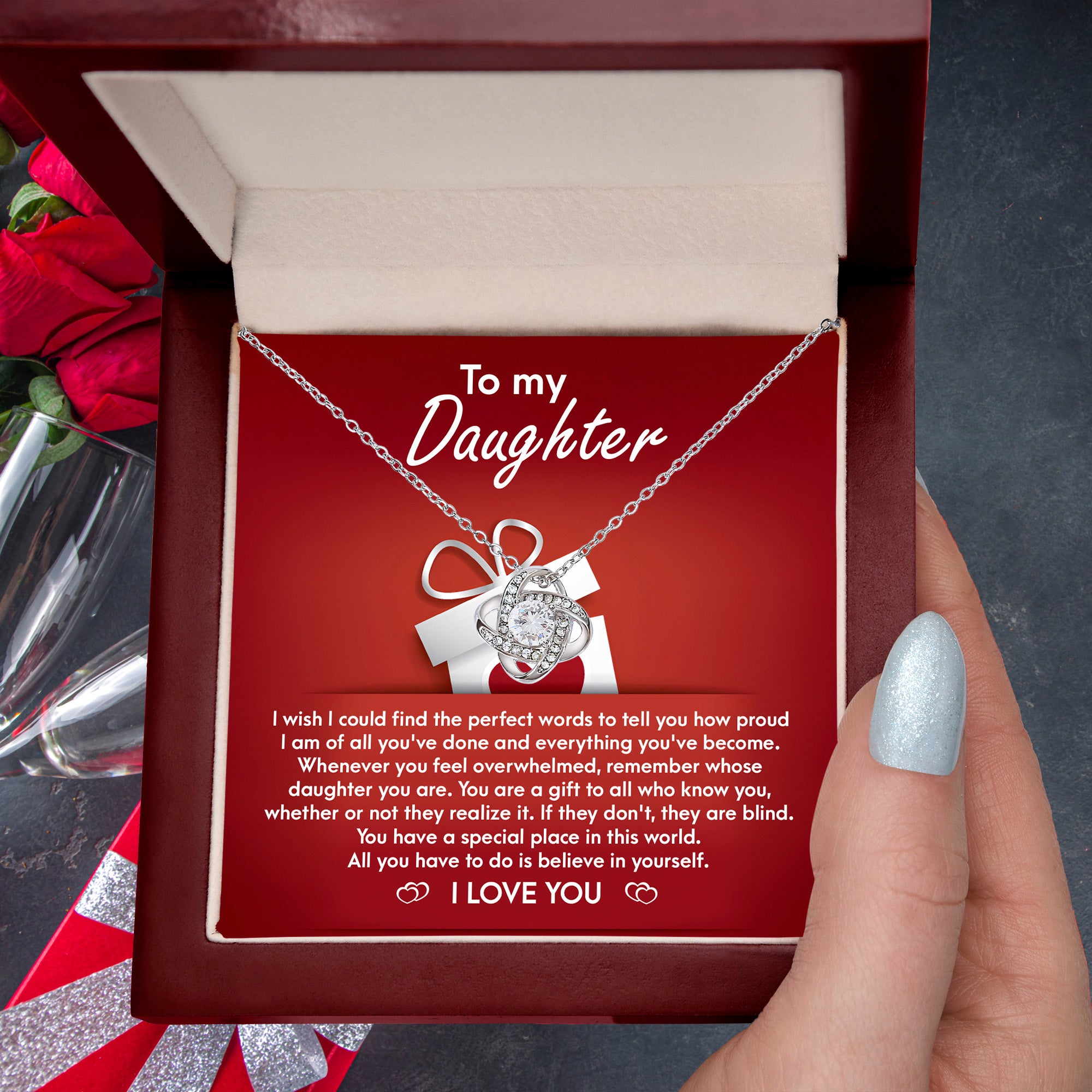 To My Daughter - Proud of You - Heartfelt Message with Love Knot Necklace