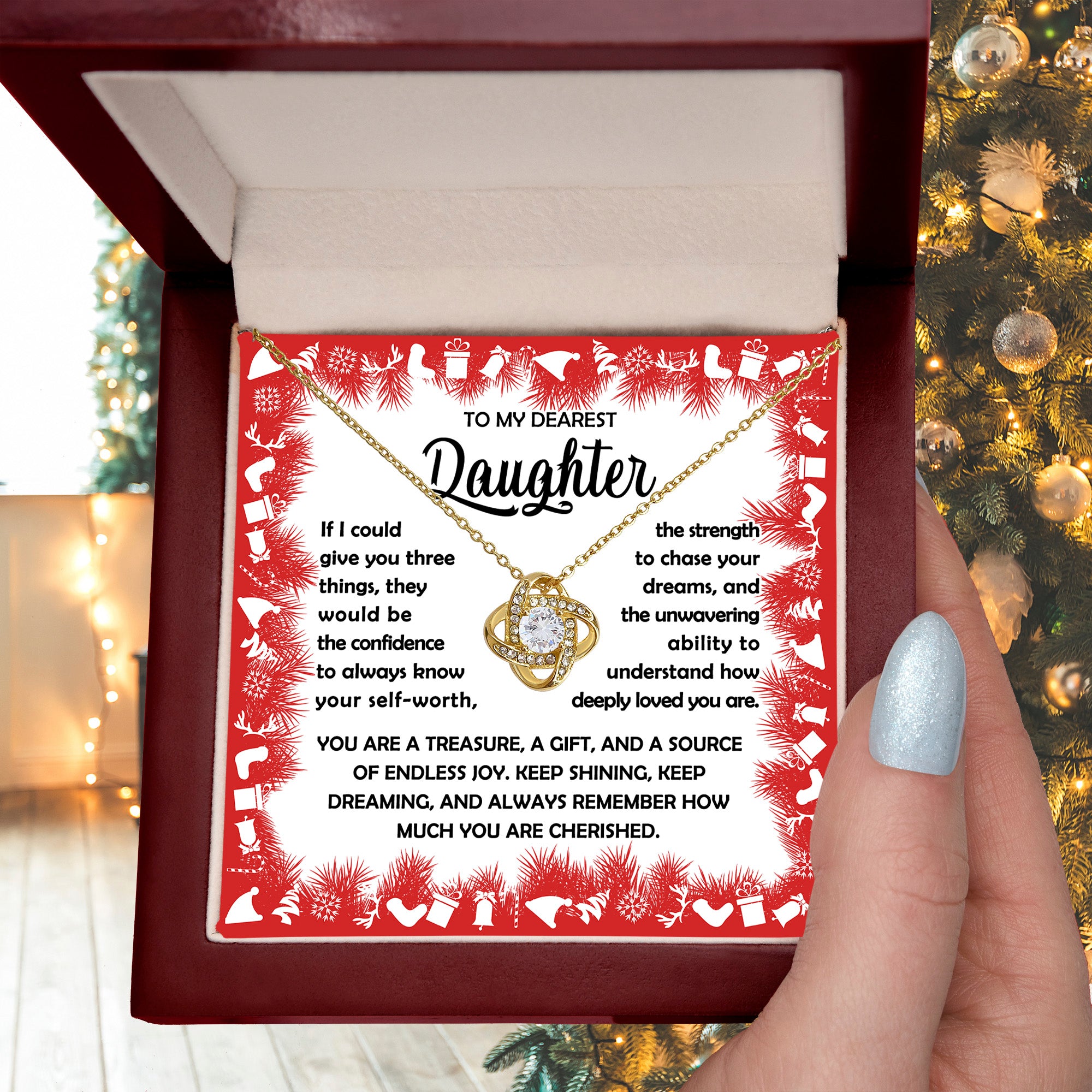 To My Dearest Daughter Necklace – Three Things I Wish for You – Confidence, Strength & Love Message Card Gift