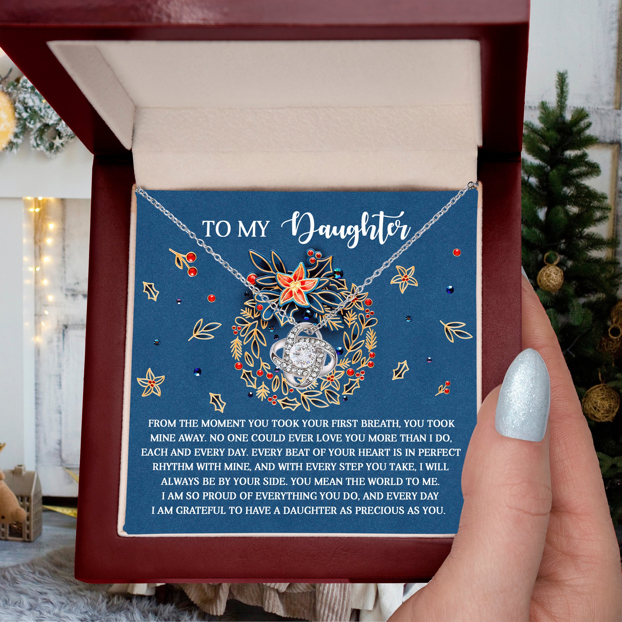 To My Daughter – From Your First Breath, My Heart Beats With Yours, Christmas Necklace Gift