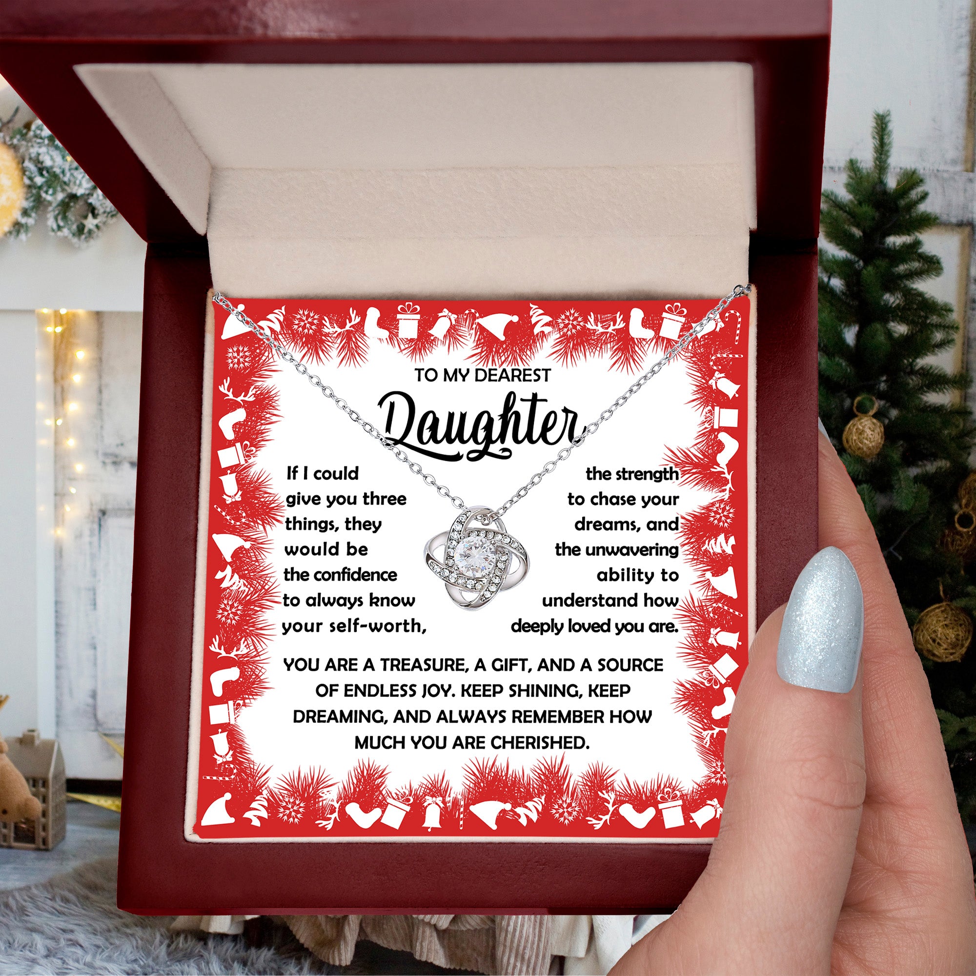 To My Dearest Daughter Necklace – Three Things I Wish for You – Confidence, Strength & Love Message Card Gift