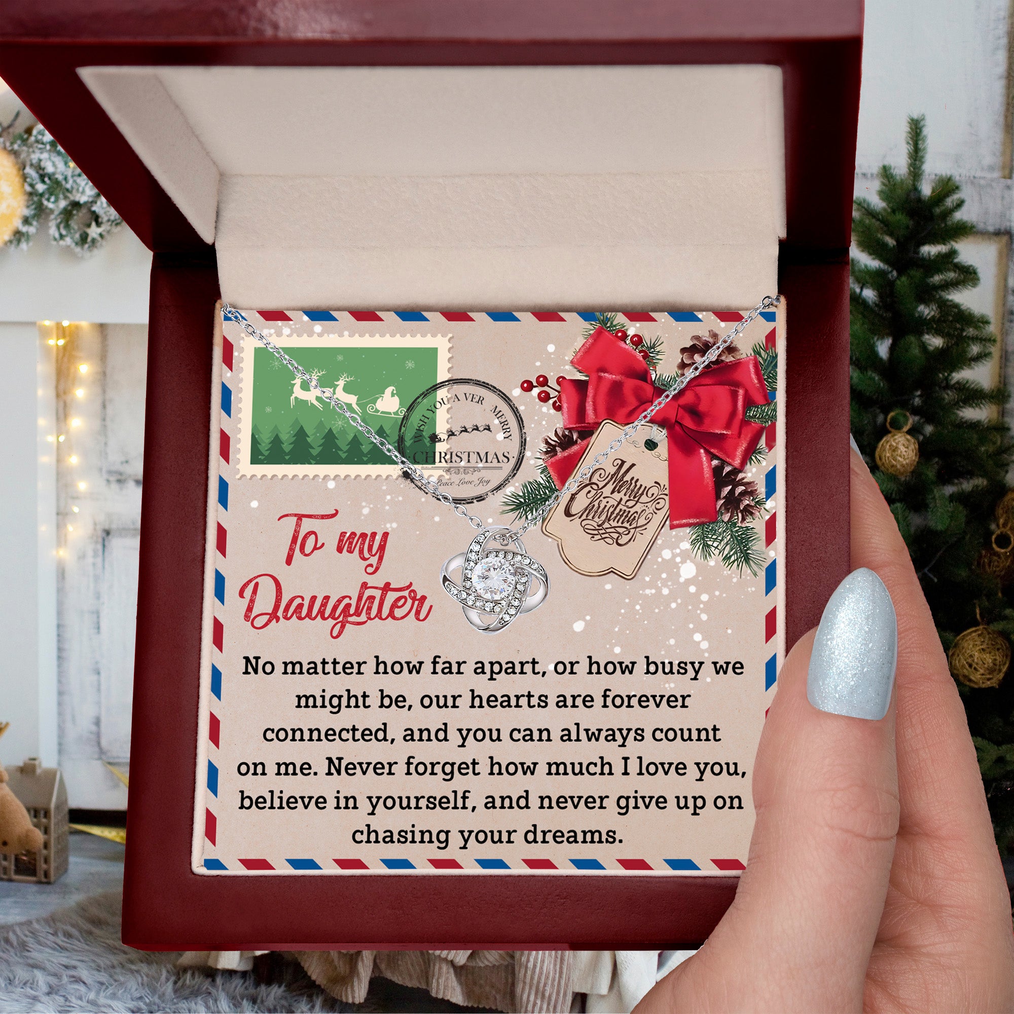 To My Daughter Christmas Necklace – Forever Connected Long Distance Gift from Mom or Dad