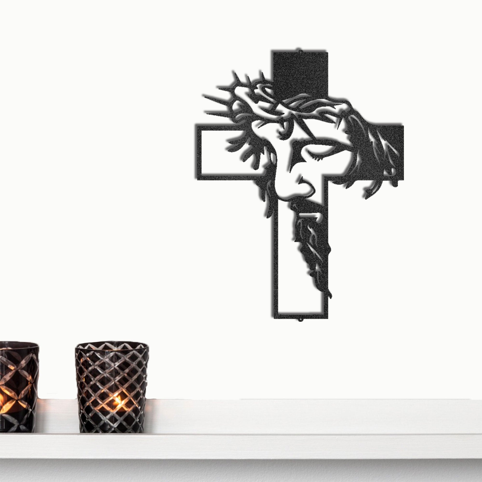 Jesus Cross Metal Wall Art – Crown of Thorns Christian Wall Decor – Inspirational Faith Steel Cross Sign – Religious Home Decor
