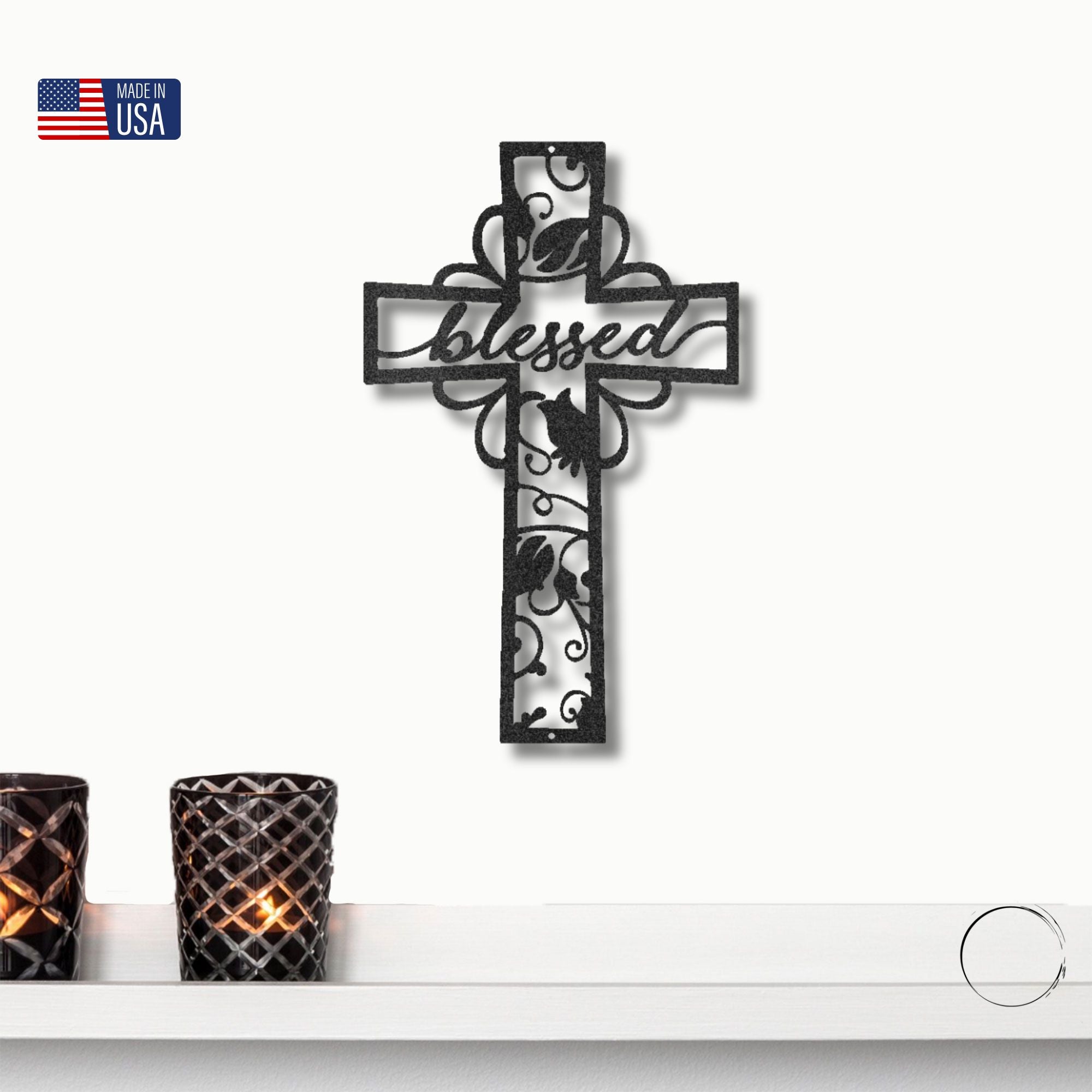 Blessed Cross Metal Wall Art – Christian Floral Cross Decor – Inspirational Faith Steel Sign – Religious Wall Decor