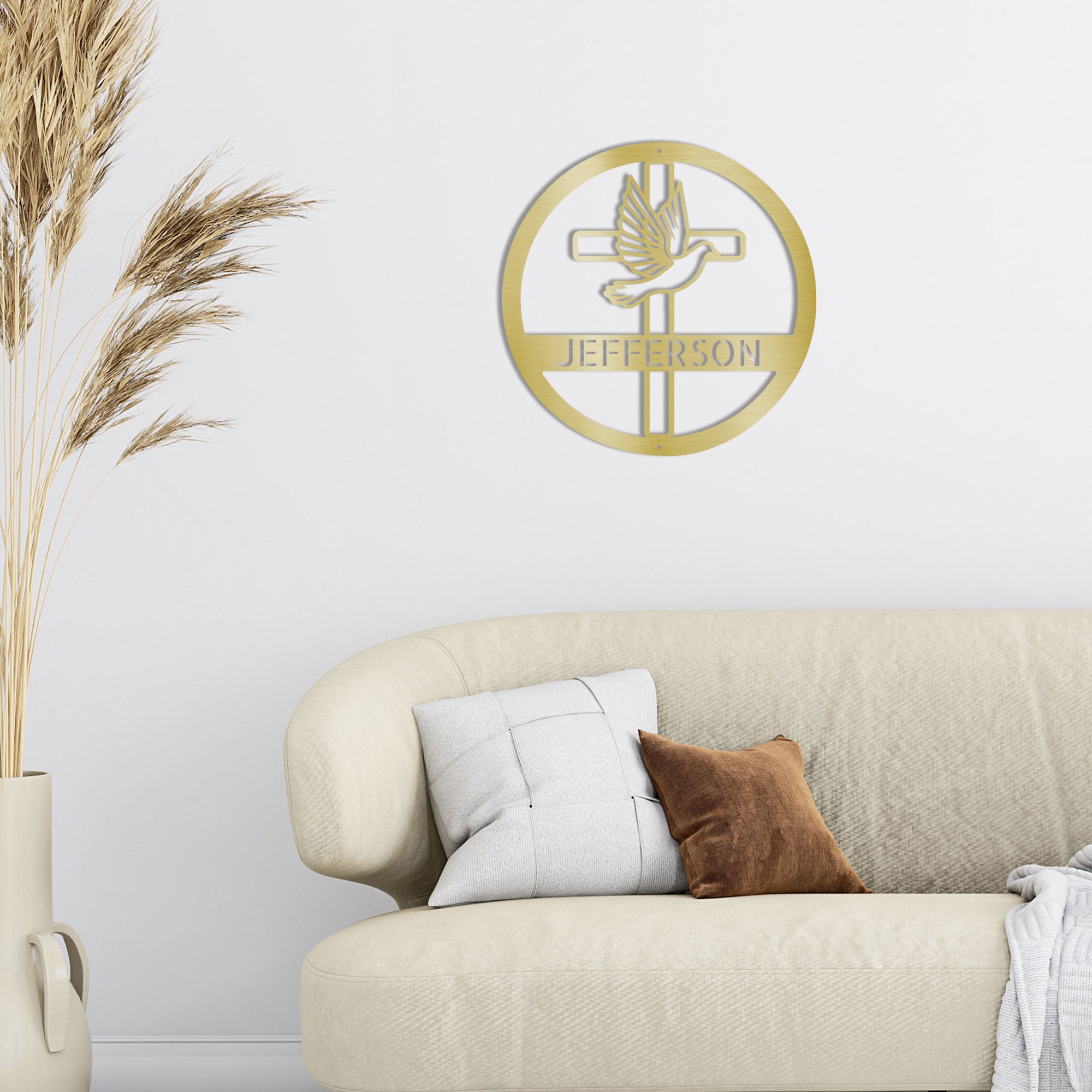 Personalized Christian Cross & Dove Metal Wall Art – Custom Family Name Faith Sign – Laser Cut Steel Religious Home Decor