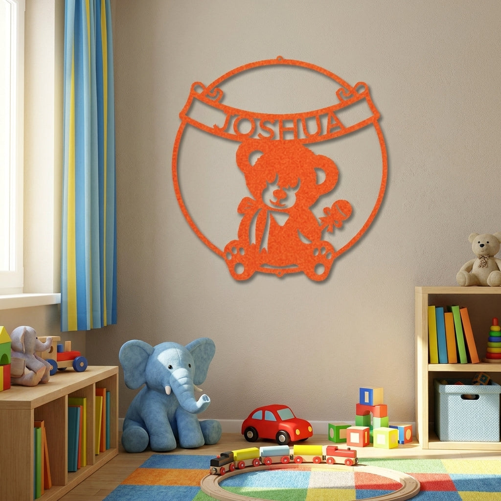 Personalized Baby Name Teddy Bear Metal Wall Art – Custom Nursery Name Sign – Laser Cut Steel Baby Room Decor – Baby Shower Gift