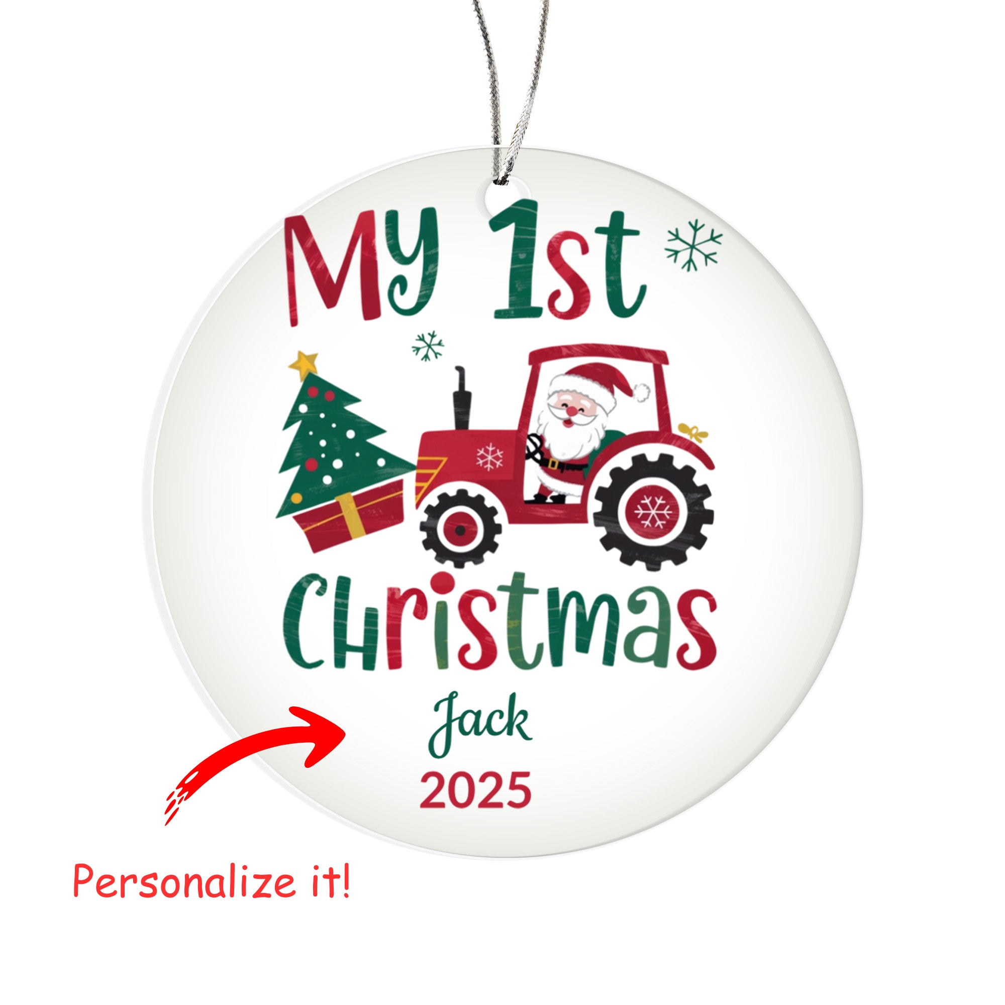Personalized My 1st Christmas Santa Tractor Acrylic Ornament with Name & Year Keepsake Gift