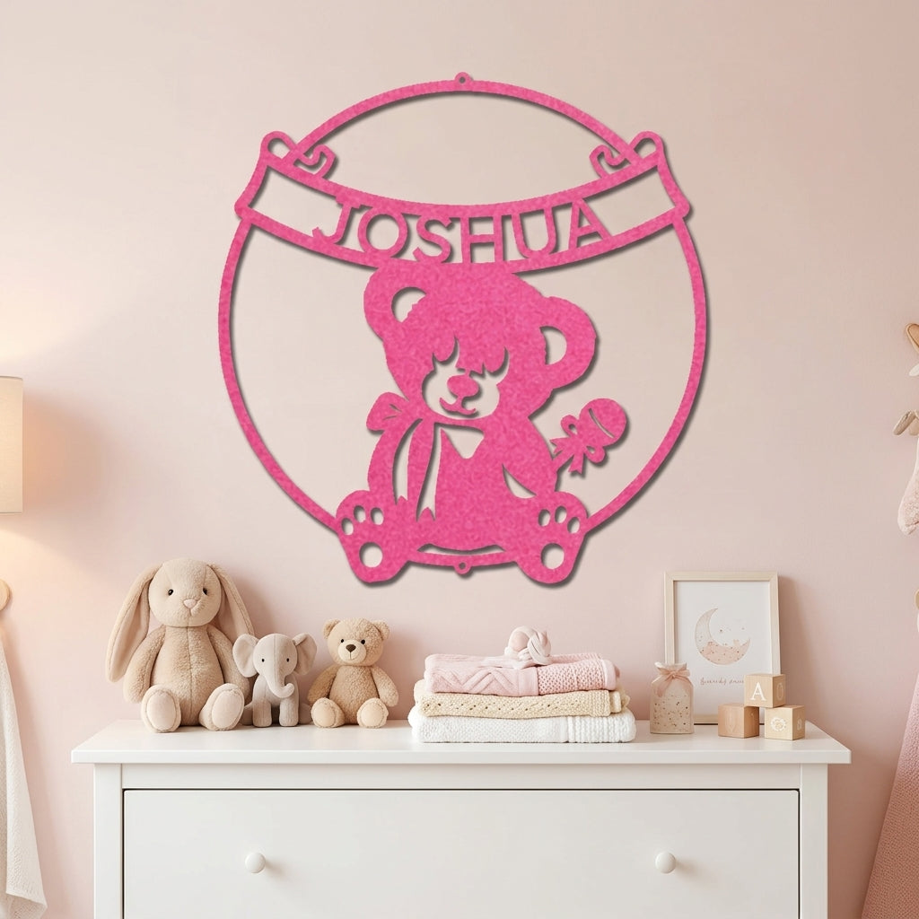 Personalized Baby Name Teddy Bear Metal Wall Art – Custom Nursery Name Sign – Laser Cut Steel Baby Room Decor – Baby Shower Gift