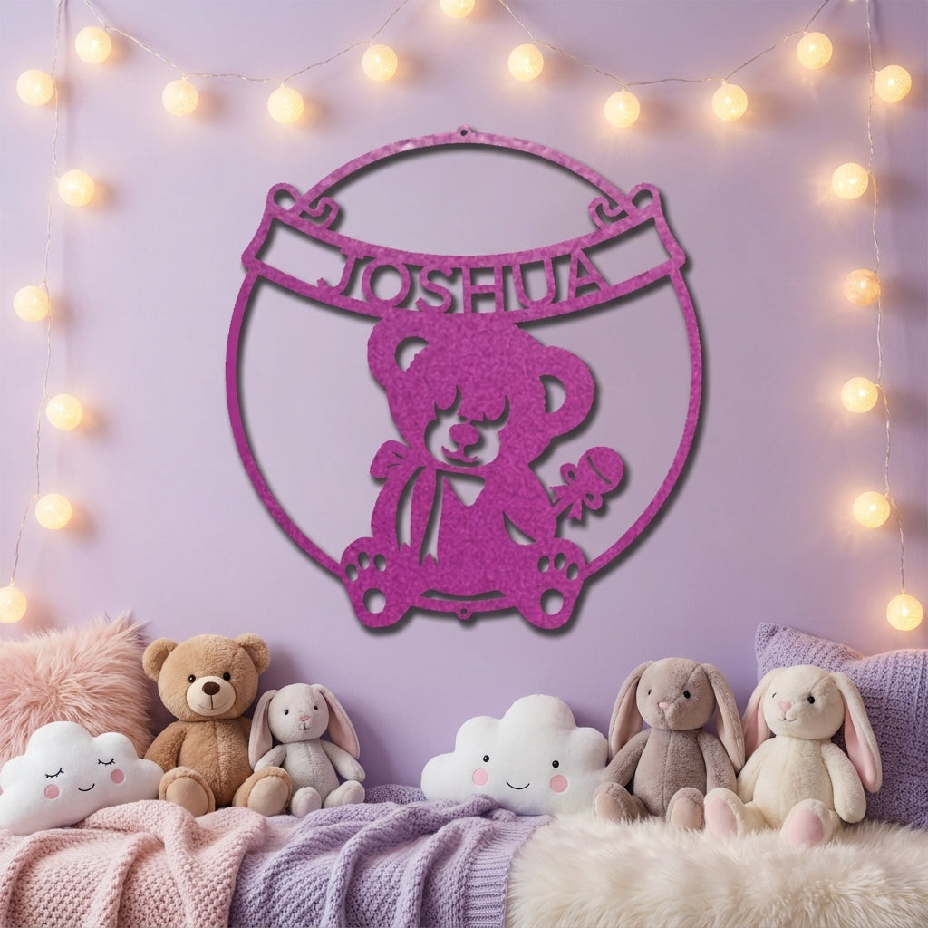 Personalized Baby Name Teddy Bear Metal Wall Art – Custom Nursery Name Sign – Laser Cut Steel Baby Room Decor – Baby Shower Gift