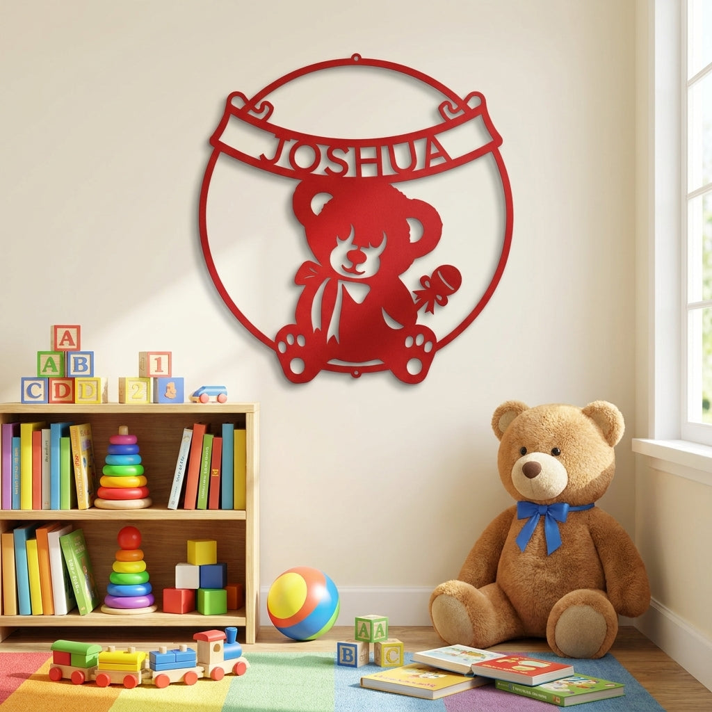 Personalized Baby Name Teddy Bear Metal Wall Art – Custom Nursery Name Sign – Laser Cut Steel Baby Room Decor – Baby Shower Gift