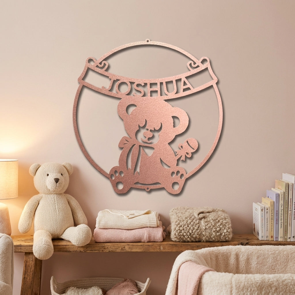 Personalized Baby Name Teddy Bear Metal Wall Art – Custom Nursery Name Sign – Laser Cut Steel Baby Room Decor – Baby Shower Gift