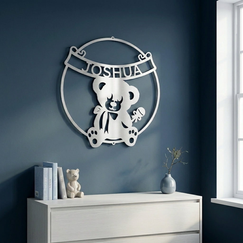 Personalized Baby Name Teddy Bear Metal Wall Art – Custom Nursery Name Sign – Laser Cut Steel Baby Room Decor – Baby Shower Gift