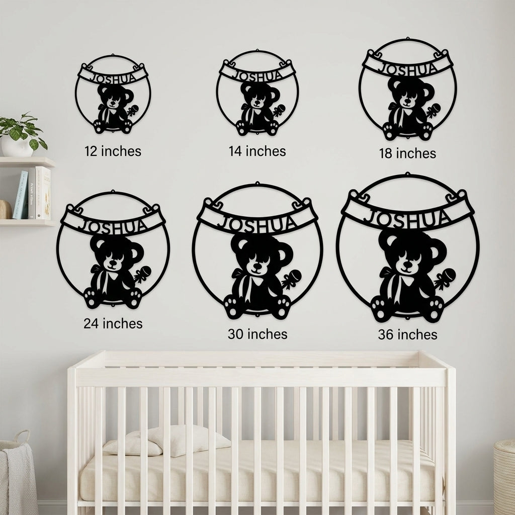 Personalized Baby Name Teddy Bear Metal Wall Art – Custom Nursery Name Sign – Laser Cut Steel Baby Room Decor – Baby Shower Gift