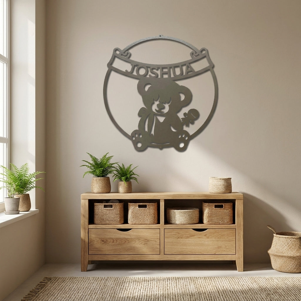 Personalized Baby Name Teddy Bear Metal Wall Art – Custom Nursery Name Sign – Laser Cut Steel Baby Room Decor – Baby Shower Gift
