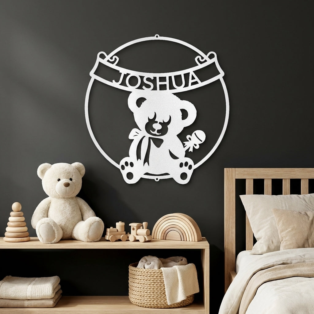Personalized Baby Name Teddy Bear Metal Wall Art – Custom Nursery Name Sign – Laser Cut Steel Baby Room Decor – Baby Shower Gift